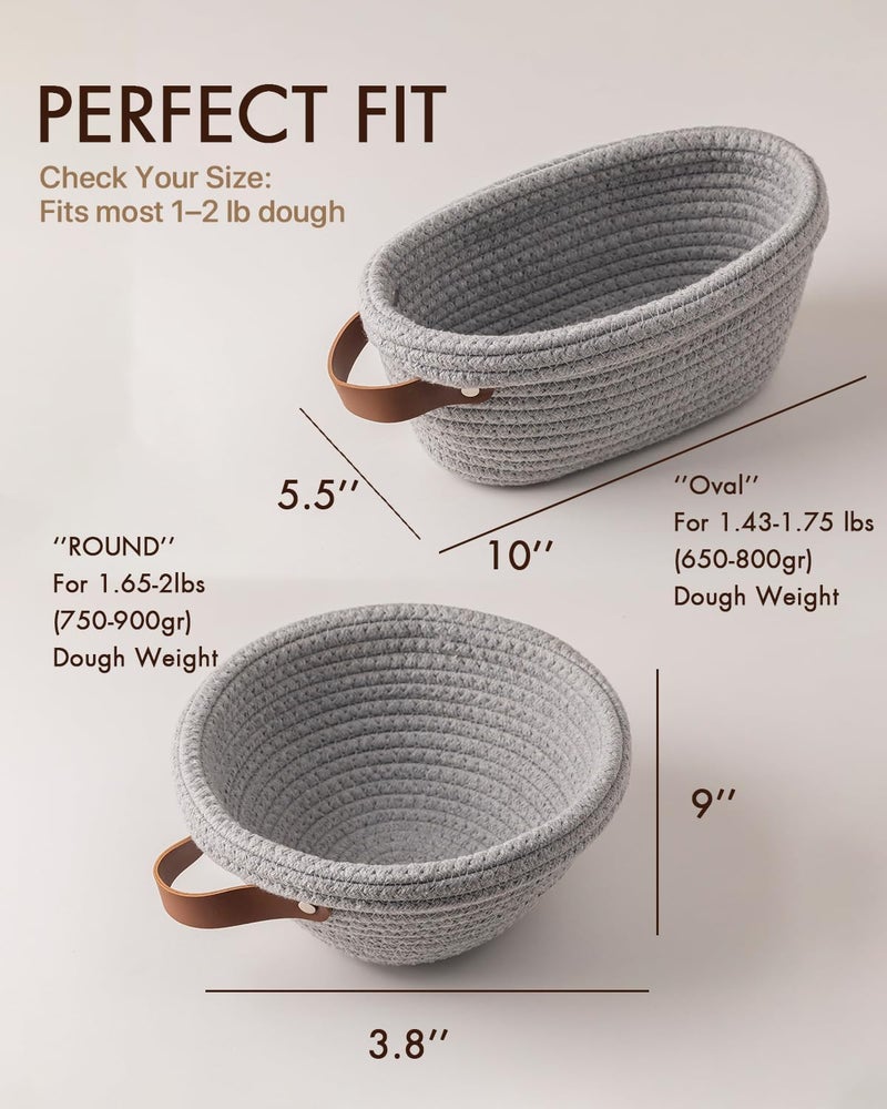 BARoyal Crispier Crust Cotton Rope Banneton Bread Proofing Basket Set, Oval & Round Bread Baskets with Liners & Covers for Artisan Bread Baking, Sourdough Bread Baking Supplies(Gray) - Image 3